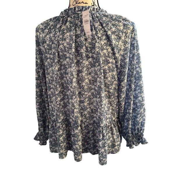Loft Tie Neck Top Peasant Blouse Blue w/ White Stars Size Large Elastic Sleeves - Picture 3 of 9